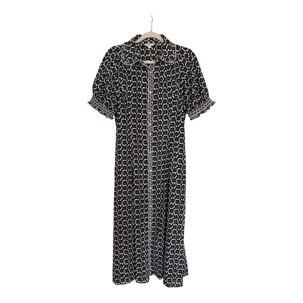 Max Studio London Black White Floral Midi Dress Button Front Puff Sleeve Pockets